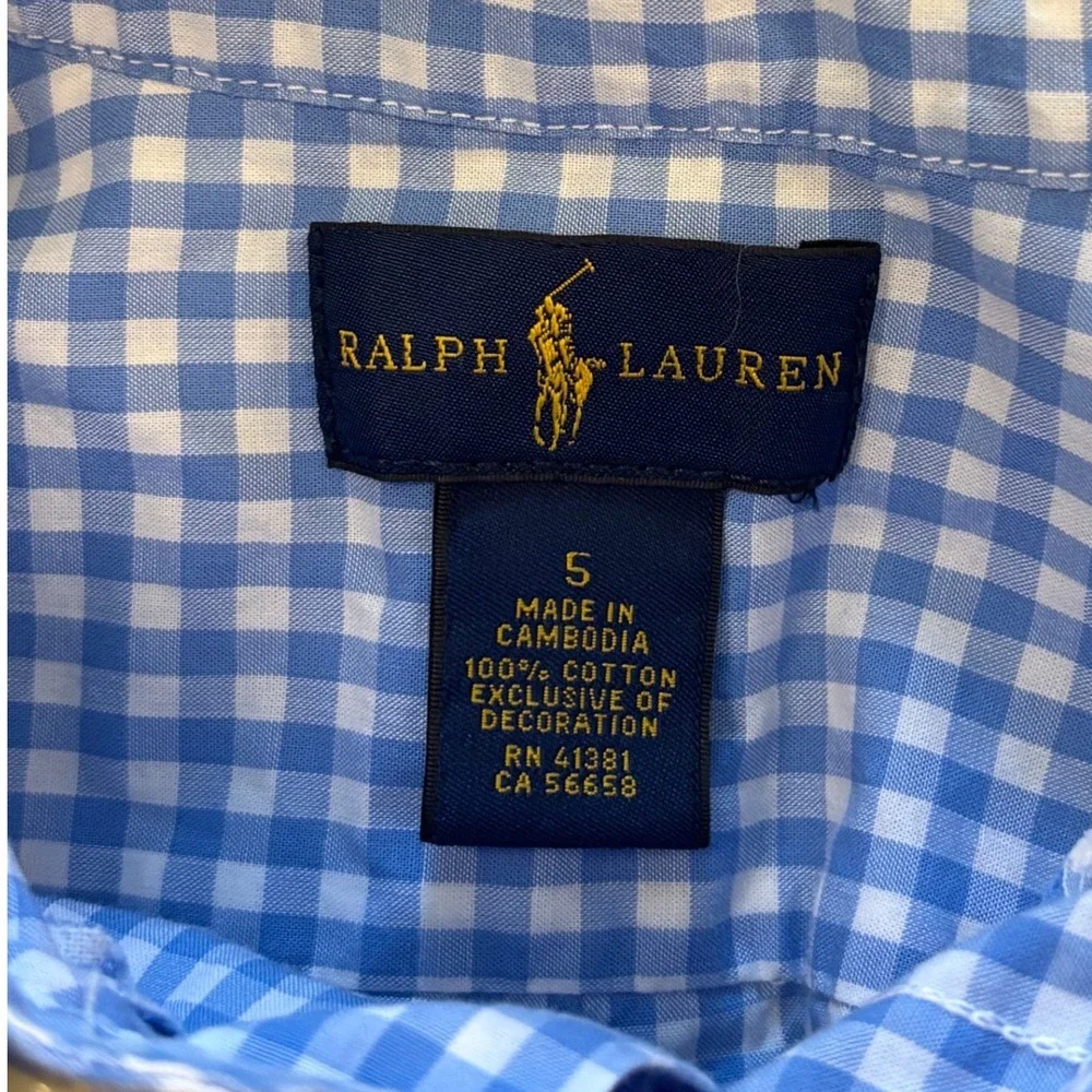 Ralph Lauren Boys Blue Gingham Button Down Shirt Long Sleeve Cotton Size 5
